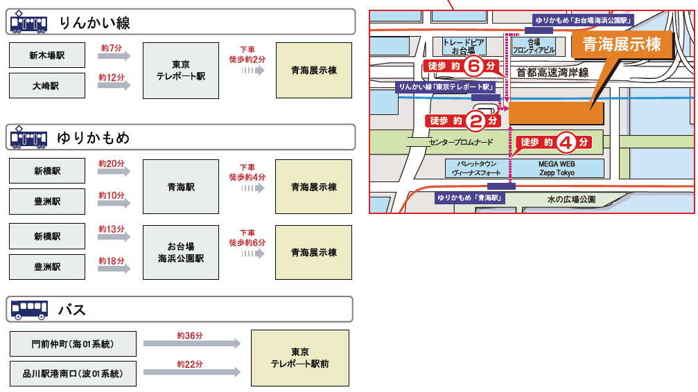 交通アクセス；東京お台場の青海展示会場