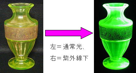 紫外線（ブラックライト）で蛍光を発するウランガラス