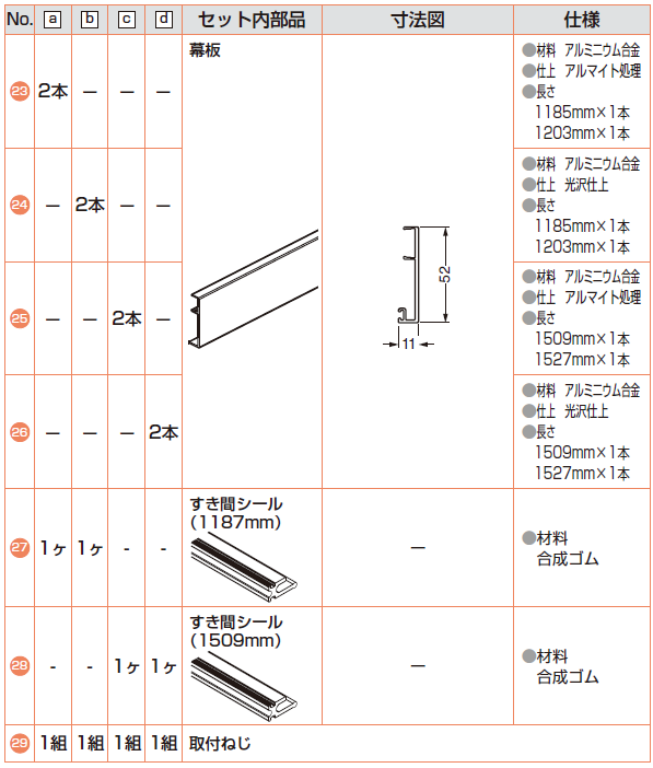 部品セット扉1枚+固定ガラス1枚＋ガラス壁1枚当り