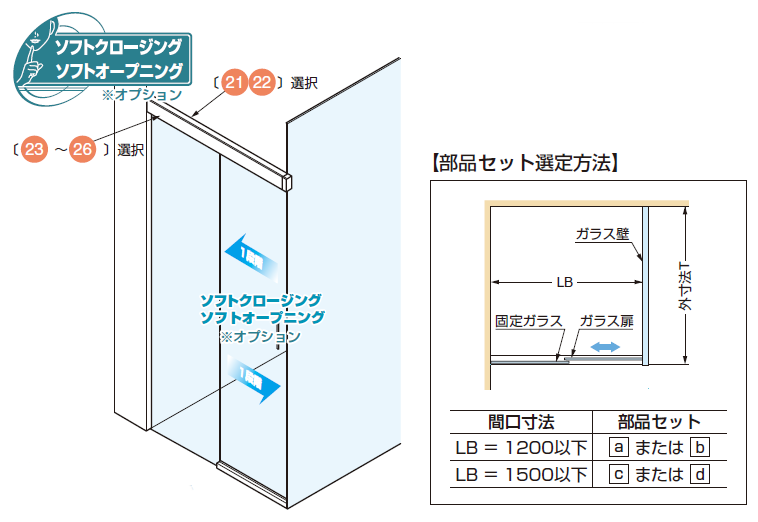 部品セット扉1枚+固定ガラス1枚＋ガラス壁1枚当り