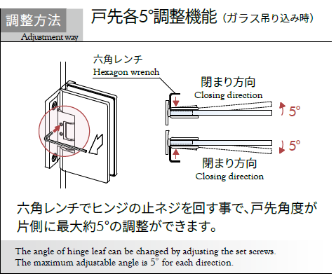 OT-B455調整方法　戸先各5°調整機能（ガラス吊り込み時）