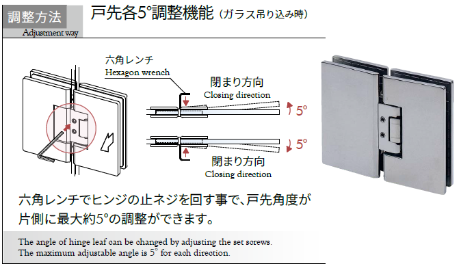 ガラス吊り込み時、六角レンチで各５°の戸先調整